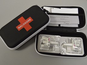 A standard naloxone kit has two doses of the life-saving antidote, gloves and instructions.
