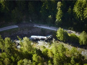 A tanker carrying 35,000 litres of jet fuel is shown after it crashed into Lemon Creek, about 60 kilometres north of Castlegar, B.C., on July 27, 2013.
