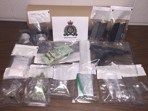 A traffic stop by West Shore RCMP yielded a loaded handgun with several loaded magazines and various suspected drugs such as cocaine, marijuana and other suspected controlled substance in tablet forms. The 10 occupants of the limousine — six full patch Hells Angels and four associates — were arrested and later released.