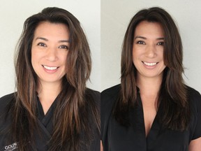 Annabelle is a 42-year-old stay-at-home mom and was overdue for a haircut. On the left is Annabelle before her makeover by Nadia Albano, on the right is after.