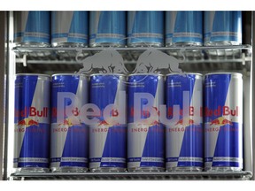 Cans of Red Bull energy drink on display in Hockenheim, western Germany, at the Red Bull Formula One team motorhome.