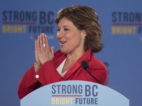 B.C. Liberal leader Christy Clark acknowledges the crowd following the B.C. Liberal election in Vancouver, B.C., Wednesday, May 10, 2017.