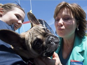 B.C. Liberal Leader Christy Clark gives a dog a kiss as she makes a campaign stop at a farmers market in Duncan, B.C., Thursday, May 4, 2017.