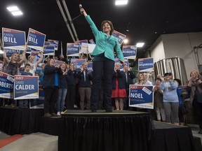 B.C. Liberal leader Christy Clark waves to the crowd as she arrives for a rally at a brewery in Victoria, B.C., Thursday, May 4, 2017.