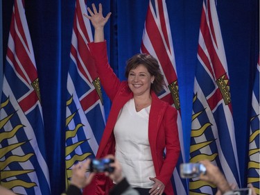 B.C. Liberal leader Christy Clark waves to the crowd following the B.C. Liberal election in Vancouver, B.C., Wednesday, May 10, 2017.