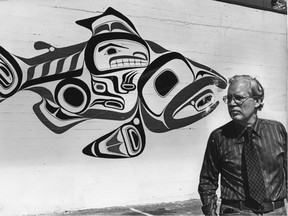 Bill Reid with a Haida dog-salmon design, in 1976.