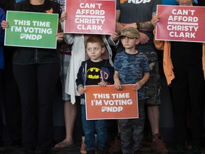 Two young boys hold a sign and listen as NDP Leader John Horgan speaks during a campaign stop in Nanaimo, B.C., on Friday May 5, 2017.