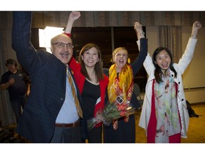 Big night for the winners: NDP candidates  Raj Chouhan, Katrina Chen,  Janet Routledge, and Anne Kang all won their respective riding celebrate  late in the evening on May 9, 2017