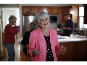 NDP candidate Carole James at the home of supporter Marilyn Callahan during a break from door knocking in Victoria, B.C., on Tuesday, May 9, 2017.