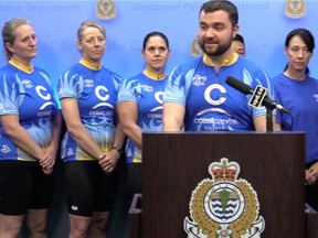 Vancouver Police Department Const. Kyle Dent speaks at a May 24 media conference to announce police and emergency services personnel's participation in one of four Cops for Cancer bike rides around B.C.