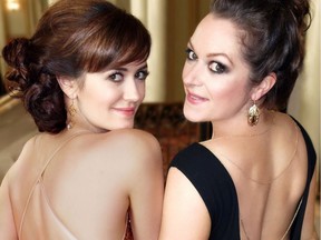 Designer Chloe Angus, right, put herself and actress Laura Adkin in backless gowns before a benign tumour paralyzed her but didn't harm her business or designs to help fund Huntington's disease research.
