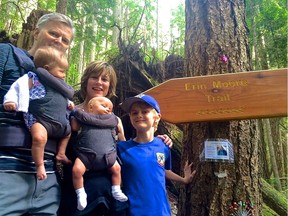 Elizabeth and Michael Moore, with son Michael and twins Sebastian and Madeleine talk a walk on the Lions Bay hiking trail. Their front-page story in The Vancouver Sun on July 12, 2016, written by Lori Culbert, was a National Newspaper Award finalist in the short feature category.