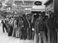 Fans line up outside the Vogue Theatre on Theatre Row for the first screening of Star Wars on June 24, 1977.