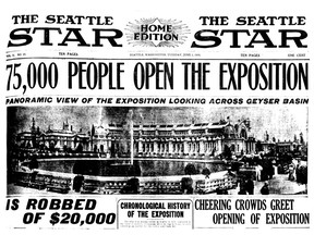 June 1, 1909. Front page of the Seattle Star on the day the Alaska-Yukon-Pacific Exhibition opened.