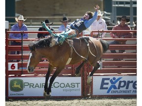A rider has some fun in the bareback event, at the 71st annual Cloverdale Rodeo and Country Fair.