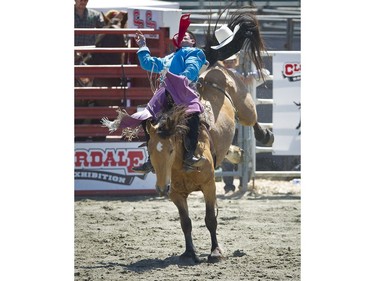 Ty Taypotat of Regina SK  taking first place in the bareback event, at the 71st annual Cloverdale Rodeo and Country Fair.