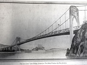 May 21, 1936: Artist's conception of the Lions Gate Bridge in a Golden Jubilee supplement in the Vancouver Daily Province. The bridge was about to be built.