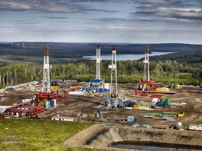 Enbridge Inc. has signed a deal to sell its Canadian natural gas gathering and processing business in the Montney, Peace River Arch, Horn River and Liard basins in British Columbia and Alberta to Brookfield Infrastructure and its partners for $4.31 billion.  Supplied by Seven Generations Energy Ltd. Pictures of rigs on a drilling pad. From its Montney operations 100 kilometres south of Grande Prairie.