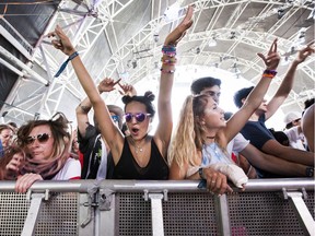 PEMBERTON, B.C. - JULY 16, 2016. Fans dancing to Datsik's performance on the Bass Camp Stage at the Pemberton Music Festival.