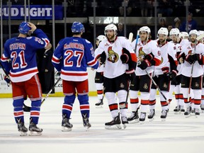 Ryan McDonagh of the New York Rangers shakes hands with Bobby Ryan of the Ottawa Senators after Game Six of the Eastern Conference Second Round during the 2017 NHL Stanley Cup Playoffs at Madison Square Garden on May 9, 2017 in New York City. The Ottawa Senators  defeated the New York Rangers with a score of 4 to 2.