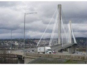 Traffic travels eastbound into Surrey on the Port Mann Bridge on Monday March 14, 2016 in this file photo.