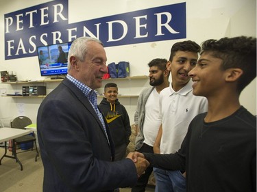 Peter Fassbender greets young people at his campaign headquarters in Surrey-Fleetwood on election night.