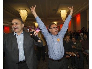 NDP supporters cheer at a party event in Surrey, BC Tuesday, May 9, 2017 after the NDP won the Surrey-Fleetwood riding in the provincial election campaign.