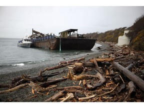 Two barges carrying construction debris and a crane broke free from their tugs during a storm Wednesday night around 8 p.m. in Victoria and ran aground near Dallas Rd. Crews work to free the barges from the beach in Victoria, B.C., Thursday, March 3, 2016.