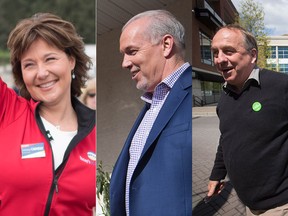 B.C. Liberal Leader Christy Clark, B.C. NDP Leader John Horgan and Green Leader Andrew Weaver.