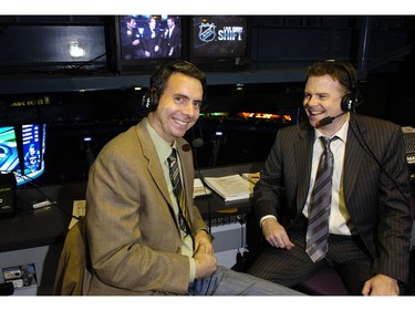 VANCOUVER B.C. 012208    Iain MacIntyre is doing the radio colour for the Canucks' Monday night NHL game against Minnesota. He will be in the booth with play-by-play man John Shorthouse. (here right) This is for a MacIntyre column on the experience for Wednesday's sports section.   see  Sun Sports -story.  Mark van Manen/Vancouver Sun.                [PNG Merlin Archive]