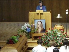 Lay Chaplain Katherine Roback addresses mourners at the funeral of Brenna Innes at the Unitarian Church at 49th and Oak in Vancouver on Aug. 8, 2007.