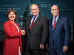 From left, B.C. Liberal Leader Christy Clark, Green party Leader Andrew Weaver and NDP Leader John Horgan pose before the televised leaders debate on April 26. A new poll still has Horgan's NDP in the lead, but it's not an insurmountable one.