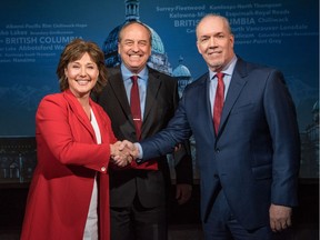 From left, B.C. Liberal Leader Christy Clark, Green party Leader Andrew Weaver and NDP Leader John Horgan pose before the televised leaders debate on April 26, 2017.