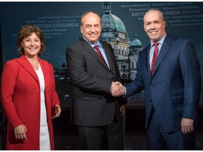 Liberal leader Christy Clark, Green party leader Andrew Weaver and the NDP's John Horgan before a televised debate in April.