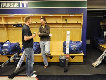 Columnist Iain MacIntyre talks to Canucks star Daniel Sedin after the Vancouver Canucks cleaned out their locker room May 13.