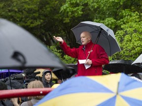 Hundreds or protesters turned out in the heavy rain at Ceperley park on Monday to support the Vancouver Aquarium keeping animals in captivity. Pictured in this photo is Vancouver Aquarium CEO Dr. John Nightingale