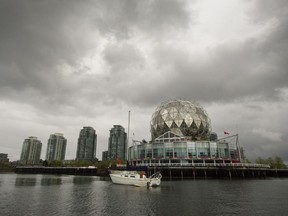 A boat is anchored near Science World in False Creek in Vancouver, B.C., May 1, 2017.