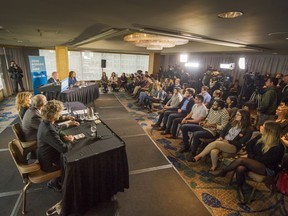 NDP leader John Horgan hosts a town-hall meeting on the environment at the Pan Pacific Hotel in Vancouver on Monday.