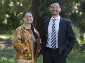 UBC law graduates Carly Teillet and Mark Stevens at the UBC First Nations Longhouse Saturday, May 27, 2017 for the Spring graduation celebration. Both Teillet and Stevens are descendants of Metis leaders Louis Riel and Gabriel Dumont.