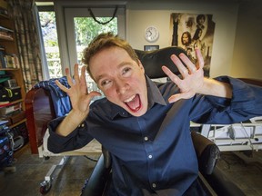 VANCOUVER, BC - MAY 4, 2017 - Comedian Andrew Vallance at his home in Vancouver. Andrew is a comedian who is living with cerebral palsy. He will be joining 18 other performers for the new Realwheels Theatre Company's show Comedy on Wheels: Celebrating Canada's Birthday with Belly Laughs May 18-20, 2017 at Granville Island's Performance Works.