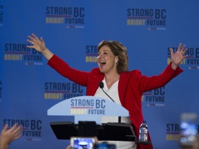 BC Liberal Leader Christy Clark speaks to suppoters at Liberal headquarters in Vancouver early Wednesday.