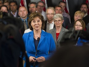 VANCOUVER May 16 2017.  Premier Christy Clark, in front of the B.C. Government caucus, answers questions from the media,  Vancouver, May 16 2017. Gerry Kahrmann  /  PNG staff photo) ( Prov / Sun News ) 00049209A Story by Rob Shaw [PNG Merlin Archive]