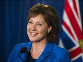 Premier Christy Clark speaks to a meeting of the B.C. Government caucus, Vancouver, May 16, 2017.