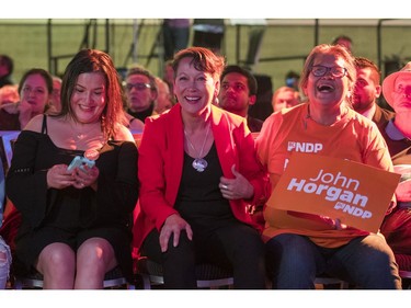 MLA Melanie Mark of the NDP smiles while watching election results at NDP headquarters with supporters in Vancouver, BC, May, 9, 2017.