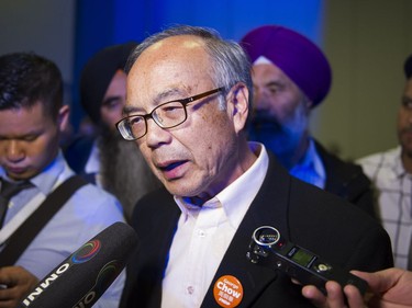 NDP candidate George Chow speaks to reporters at BC NDP headquarters in Vancouver, BC, May, 9, 2017.