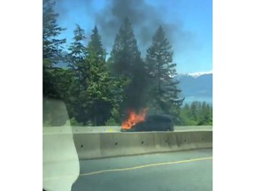 A van caught fire on the Sea to Sky Highway on Sunday.
