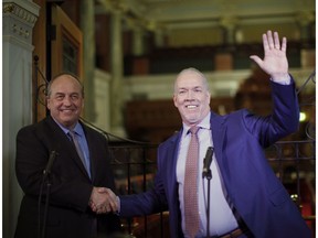 Green Party Leader Andrew Weaver, left, has 'reminded' NDP Leader John Horgan to not take him or his party for granted when making political decisions moving forward.