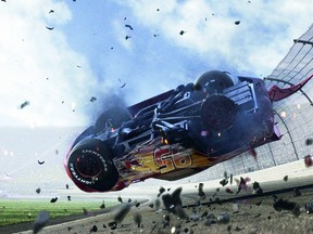 The original plot of the movie revolved around Lighting McQueen coming to terms with the 'aging athlete syndrome' following a horrific crash (above), but as the story evolved turned into a tale of mentorship involving new 'car-acter' Cruz Ramirez.