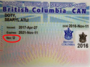 Image of B.C. services care card issued for baby Searyl Atli Doty after the child's parent refused to specify a gender on birth registration forms. The card has a U (highlighted in red), presumably for unspecified, after heading sex.