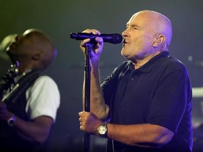 FILE - This is a Monday, Aug. 29, 2016, file photo of Phil Collins performs during the opening ceremony for the U.S. Open tennis tournament. Singer Phil Collins has been rushed to the hospital after a fall in his London hotel room left him with a severe gash near his eye that required stitches. His management says in a statement that concerts Thursday June 8, 2017 and Friday night at London&#039;s Royal Albert Hall have been postponed until November. ÔªøÔªøÔªøÔªø ÔªøÔªø(AP Photo/Darron Cummings/File)